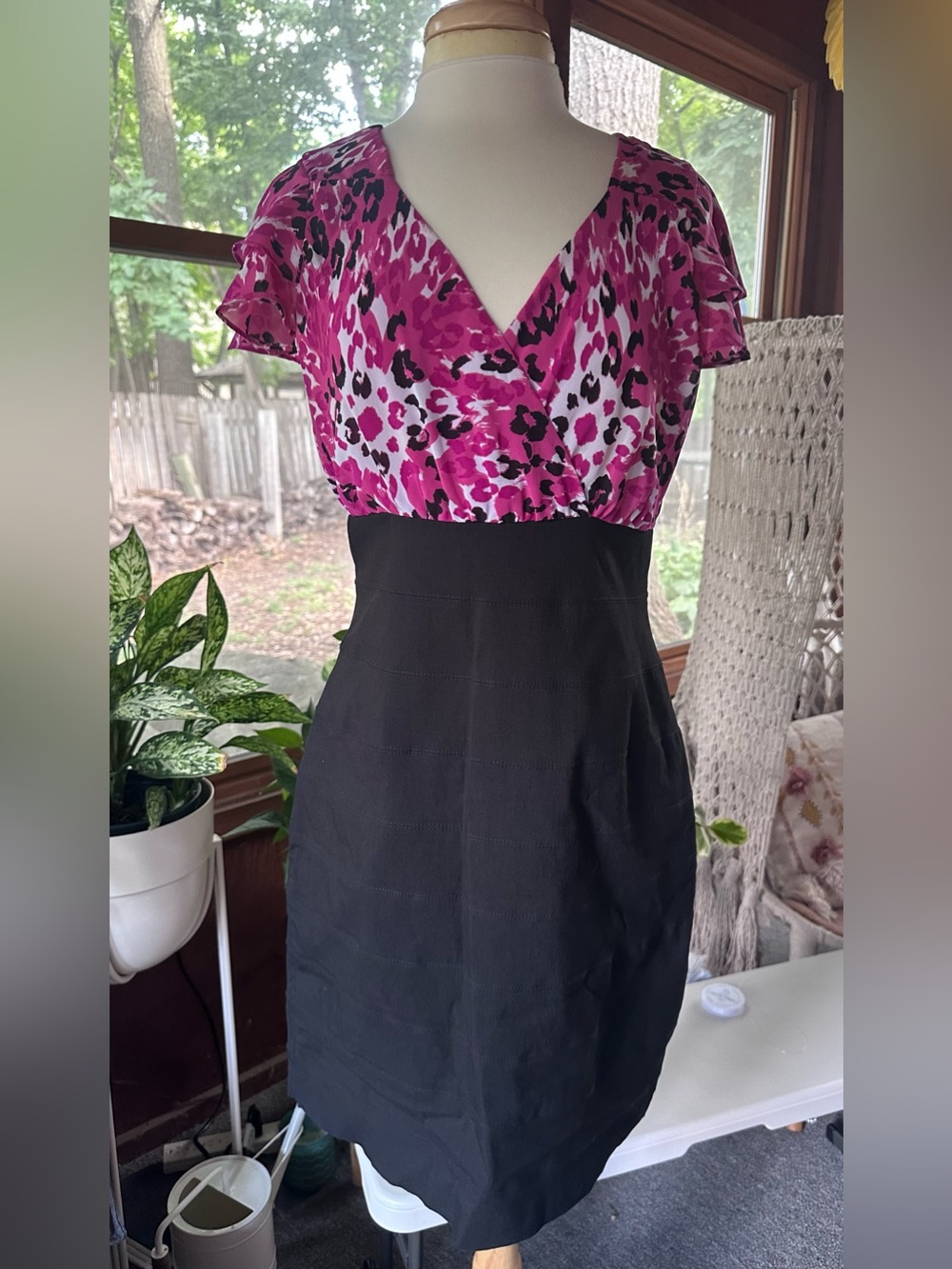 Nicole by Nicole Miller Pink Animal-Print Bodice with Black Skirt Midi Dress